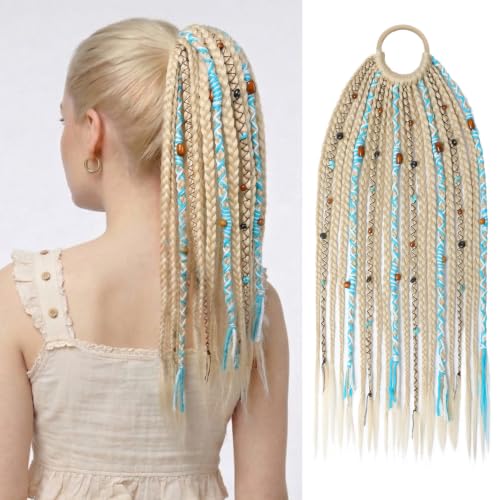 SEIKEA Boho Braided Ponytail Extension 16 Inch - Platinum with Aqua Pop
