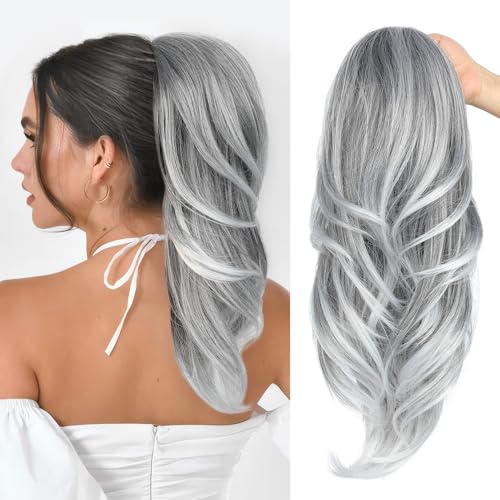 SEIKEA Versatile Drawstring Ponytail Extension - Silver Grey to White - 18 Inch