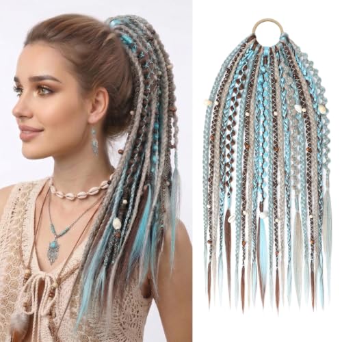 SEIKEA Boho Braided Ponytail Extension 16 Inch - Turquoise/Brown Mix with Shells