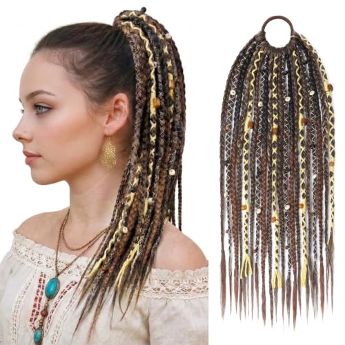 SEIKEA Boho Braided Ponytail Extension 16 Inch - Dark Brown with Blonde Highlights