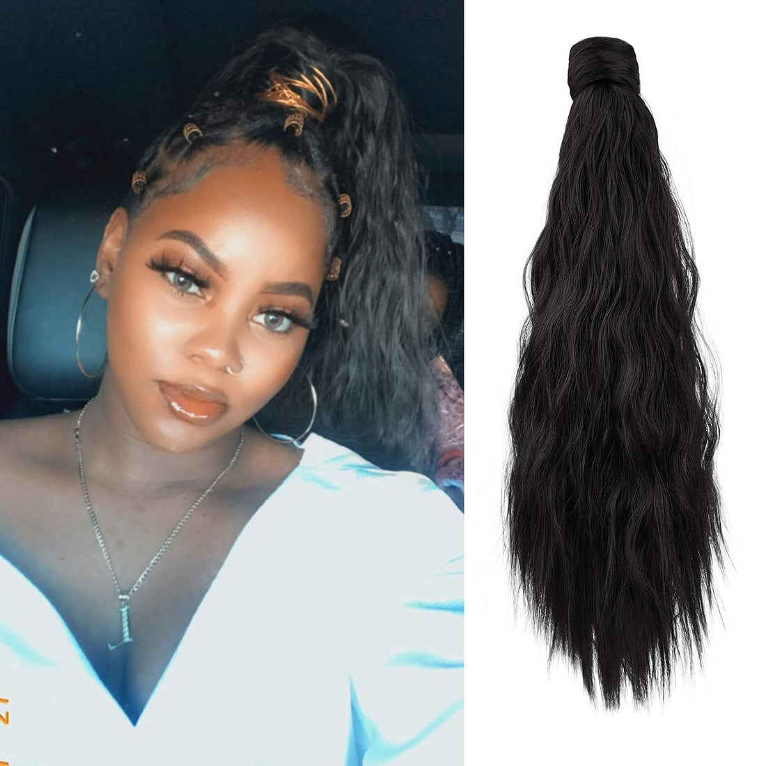 Wrap-around ponytail piece in dark wavy hair, shown worn in a high ponytail and from the back on a mannequin head