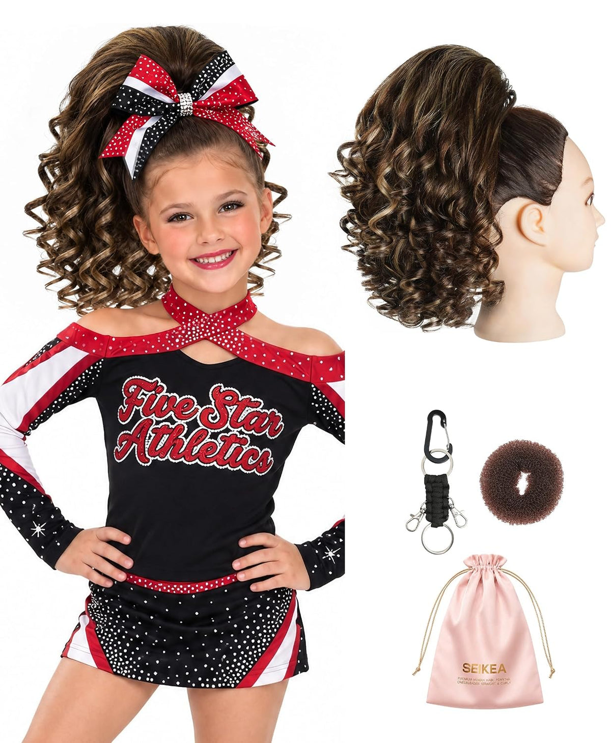 SEIKEA 12-inch curly human hair cheer ponytail - Rich Brown Base with Bright Blonde Highlights - main view
