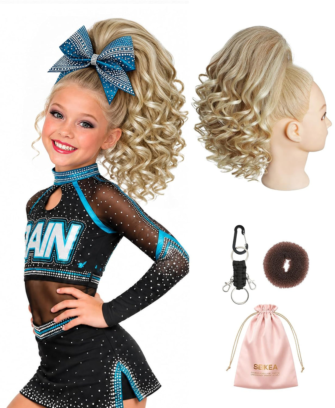 SEIKEA 12-inch curly human hair cheer ponytail - Blonde with Highlights (Strawberry/Warm Blonde Blend) - main view