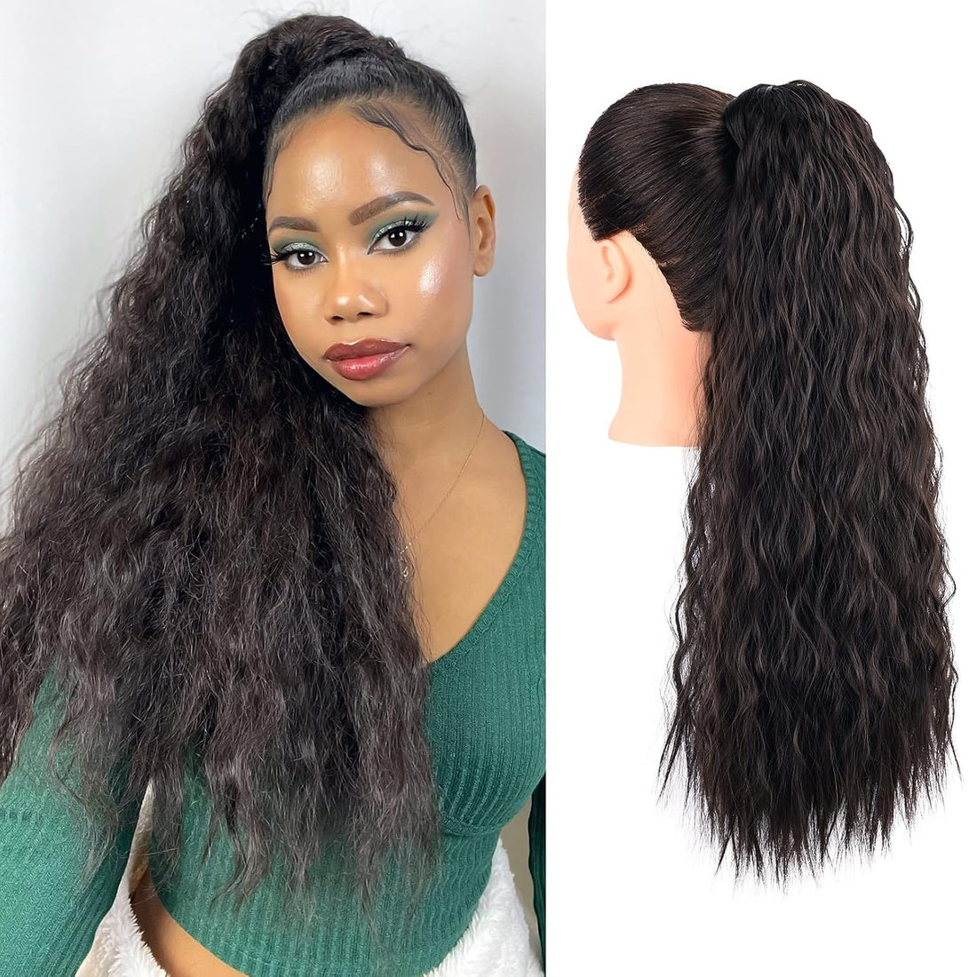 Wrap-around ponytail piece in dark wavy hair, shown worn in a high ponytail and from the back on a mannequin head