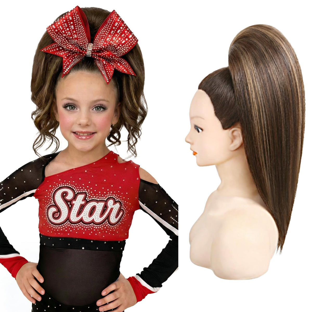 SEIKEA 16-inch human-hair straight cheer ponytail — Rich Brown Base with Bright Blonde Highlights