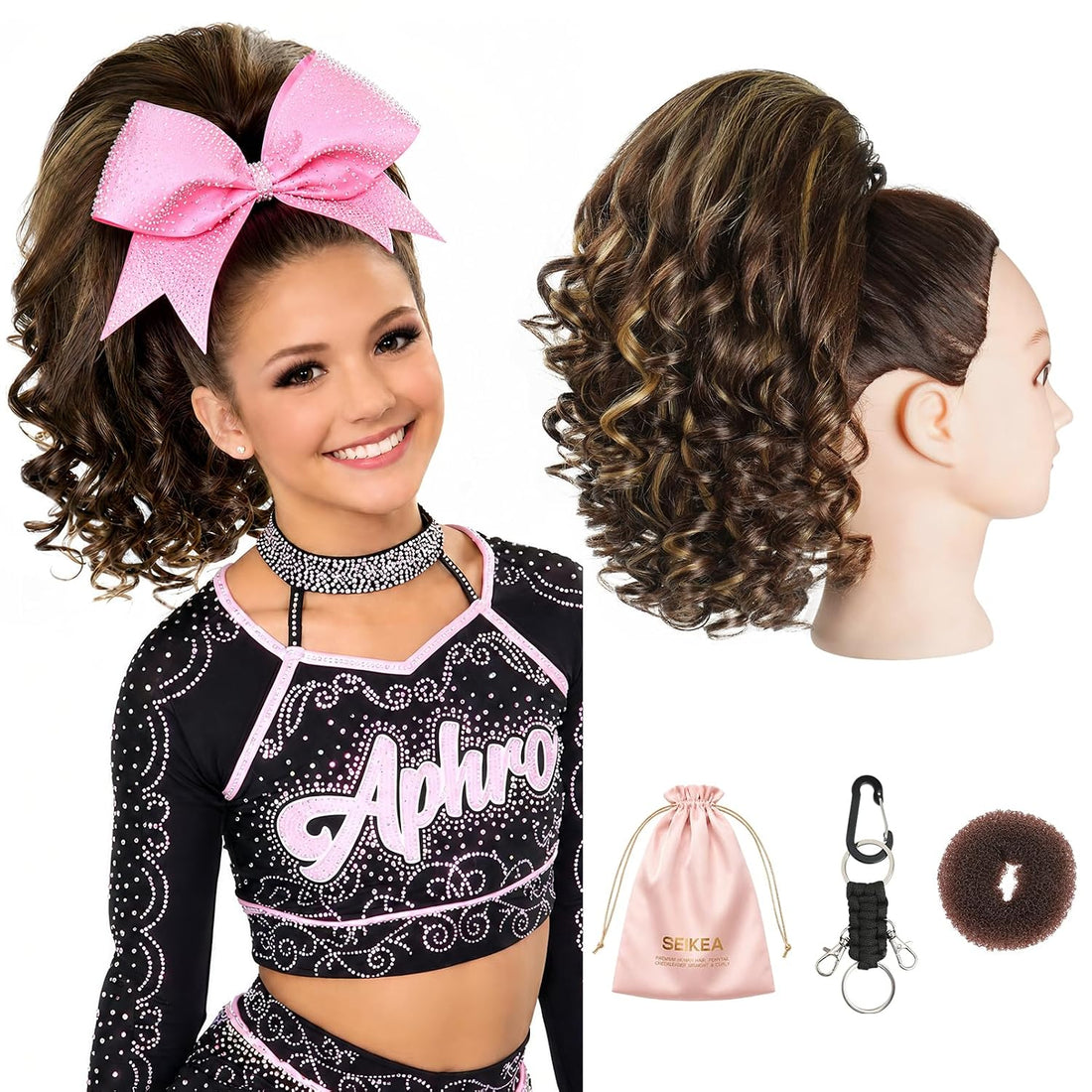 SEIKEA 12-inch curly cheer ponytail in Blonde with Highlights, shown worn and on a mannequin with accessories