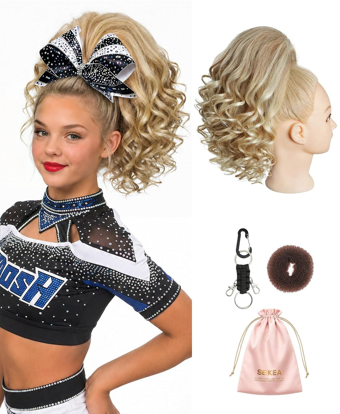 SEIKEA 12-inch curly cheer ponytail in Blonde with Highlights, shown worn and on a mannequin with accessories