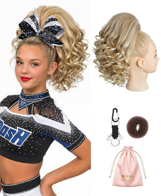 SEIKEA 12-inch curly cheer ponytail in Blonde with Highlights, shown worn and on a mannequin with accessories