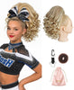 SEIKEA 12-inch curly cheer ponytail in Blonde with Highlights, shown worn and on a mannequin with accessories