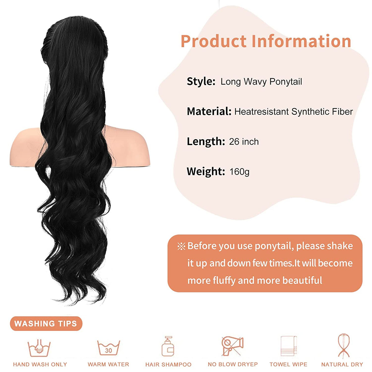 SEIKEA 24" Ponytail Extension Drawstring Long Wavy Pony Tail for Black Women