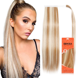 SEIKEA Ponytail Extensions Highlight Straight Pony Tail Additional Sides 3 Clips in Ponytail Hair Extensions Wrap Synthetic Hairpiece 24 Inch 140G (Butter Blonde Mix)