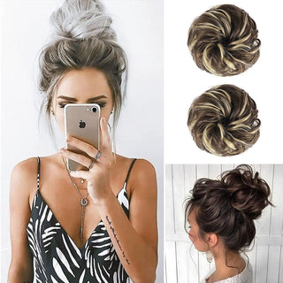 SEIKEA Messy Bun Hair Piece Tousled Thick Updo Hair Scrunchies Hair Extensions Curly Wavy Ponytail Hairpieces with Elastic Rubber Band Hair Accessories 2PCS - Golden Brown with Blonde Highlights