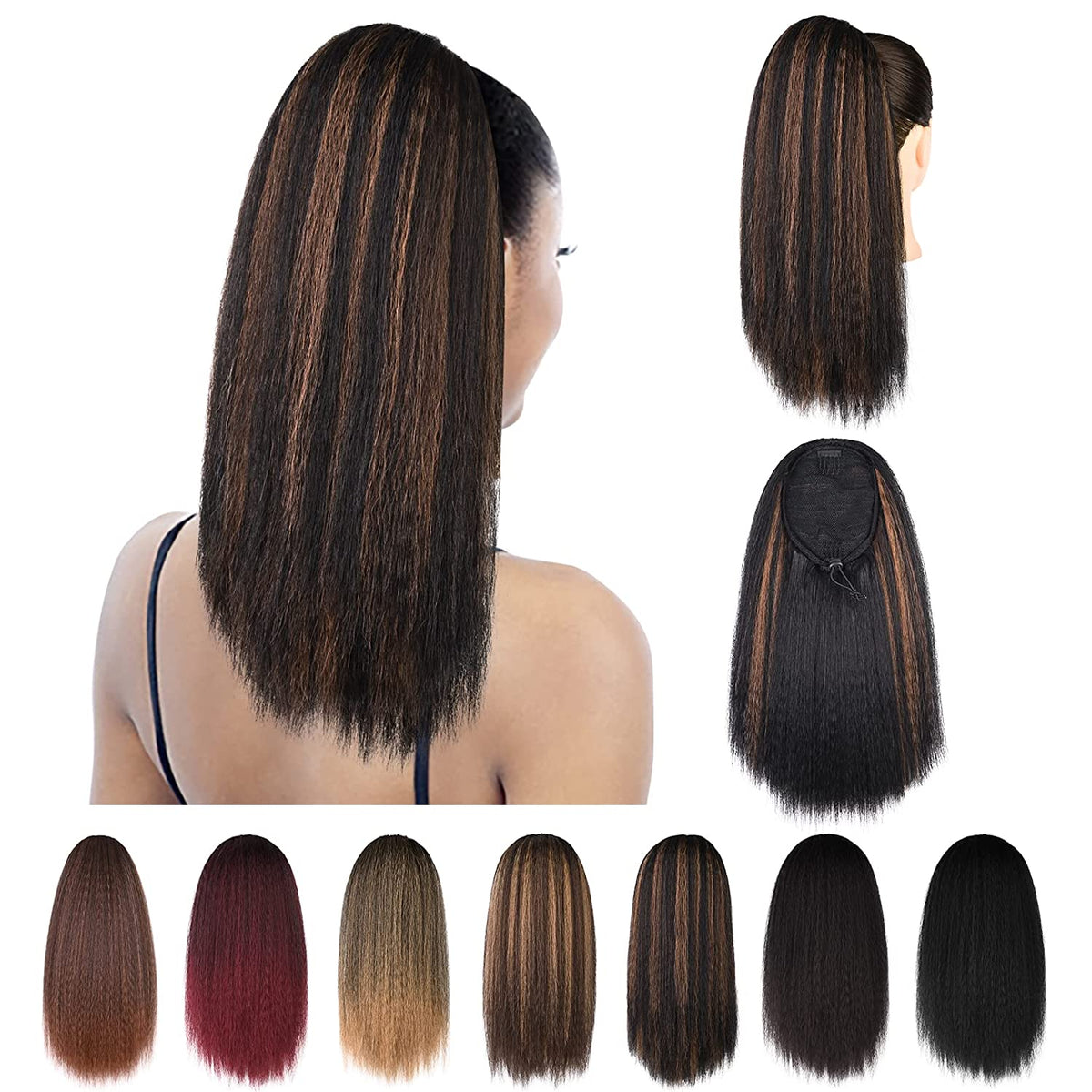 SEIKEA Yaki Drawstring Ponytail for Black Women Short Kinky Straight Ponytail Clip in Hair Extensions Synthetic Hairpiece