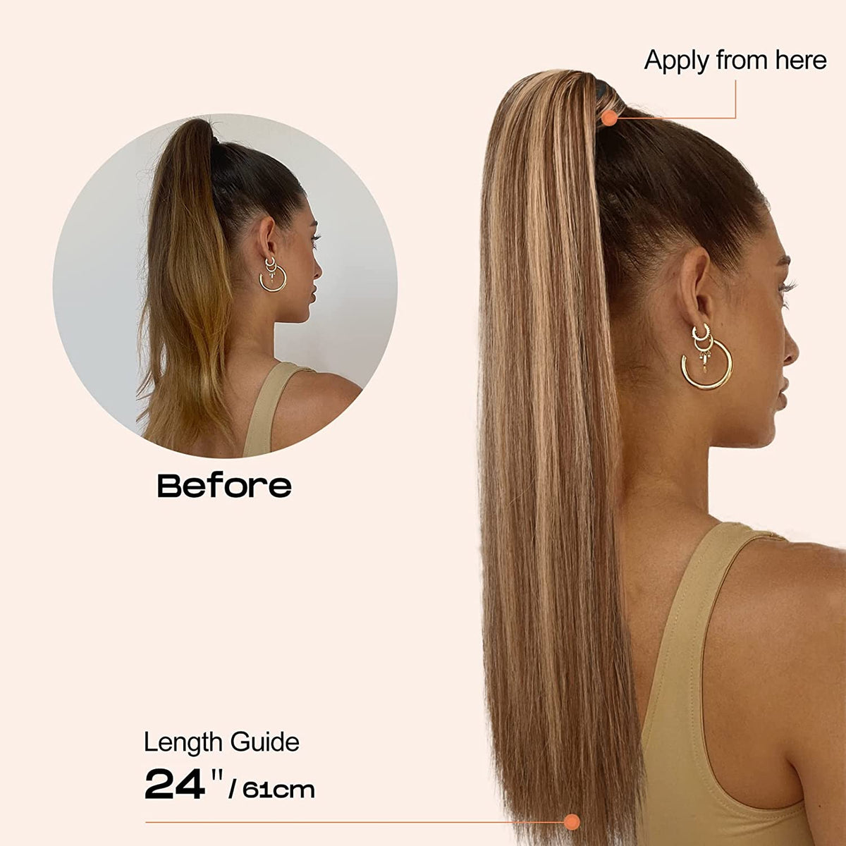 SEIKEA Ponytail Extensions Highlight Straight Pony Tail Additional Sides 3 Clips in Ponytail Hair Extensions Wrap Synthetic Hairpiece 24 Inch 140G (Deep Brown with Blonde Highlights)