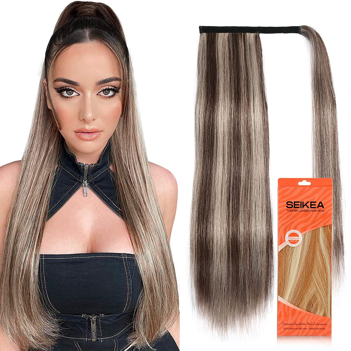 SEIKEA Ponytail Extensions Highlight Straight Pony Tail Additional Sides 3 Clips in Ponytail Hair Extensions Wrap Synthetic Hairpiece 24 Inch 140G (Deep Brown with Blonde Highlights)