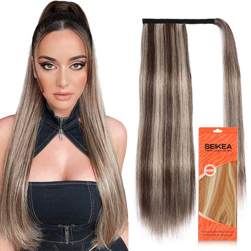 SEIKEA Ponytail Extensions Highlight Straight Pony Tail Additional Sides 3 Clips in Ponytail Hair Extensions Wrap Synthetic Hairpiece 24 Inch 140G (Deep Brown with Blonde Highlights)