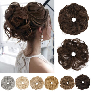 SEIKEA 2PCS Messy Bun Hair Piece Tousled Updo Hair Extension With Elastic Rubber Band Hairpiece Synthetic Hair Scrunchies Hair Piece for Women Girls Color Medium Brown with Golden Brown Highlights