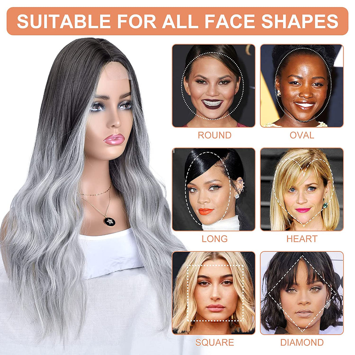 SEIKEA 28" Long Wavy Silver Grey Ombre Wig for White Women Natural Realistic Lace Part Middle Part Wigs Synthetic Heat Resistant Fiber Wig for Daily Use Party
