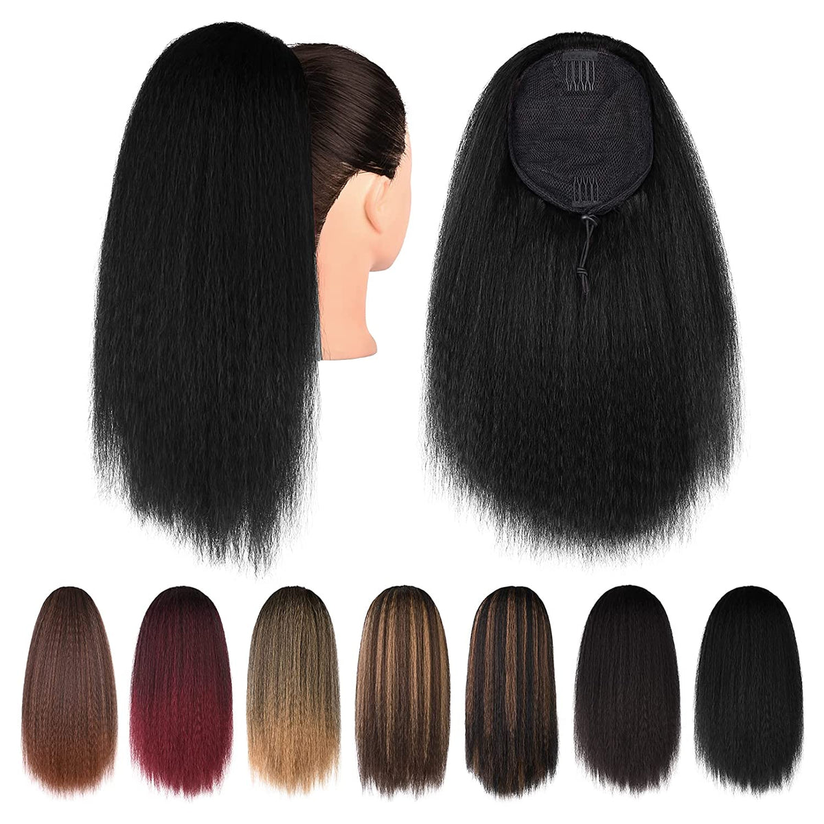 SEIKEA Yaki Drawstring Ponytail for Black Women Short Kinky Straight Ponytail Clip in Hair Extensions Synthetic Hairpiece
