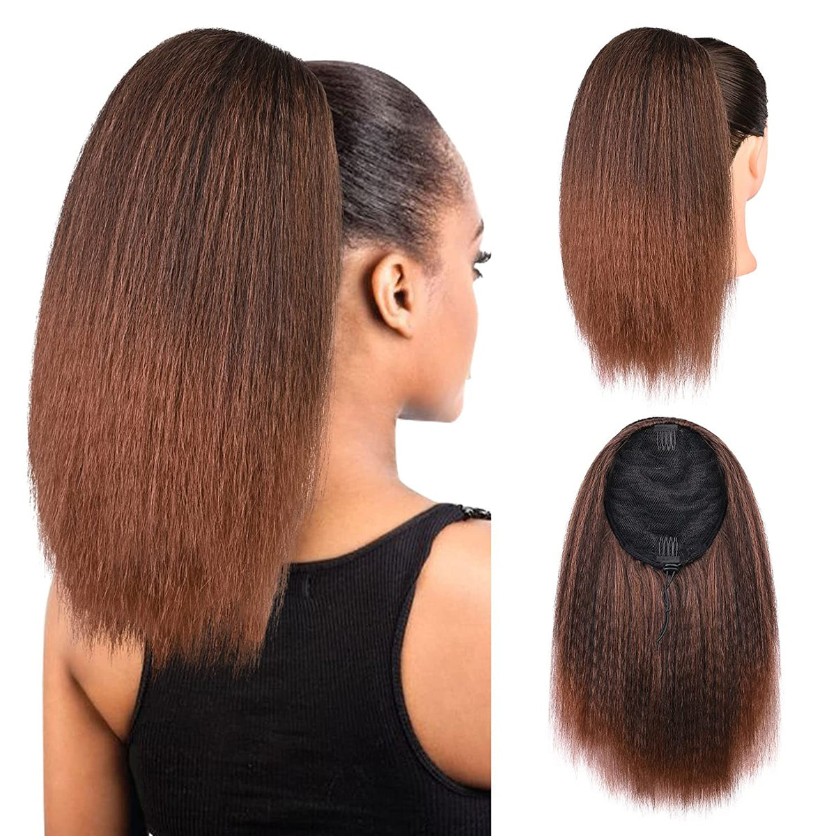 SEIKEA Yaki Drawstring Ponytail for Black Women Short Kinky Straight Ponytail Clip in Hair Extensions Synthetic Hairpiece