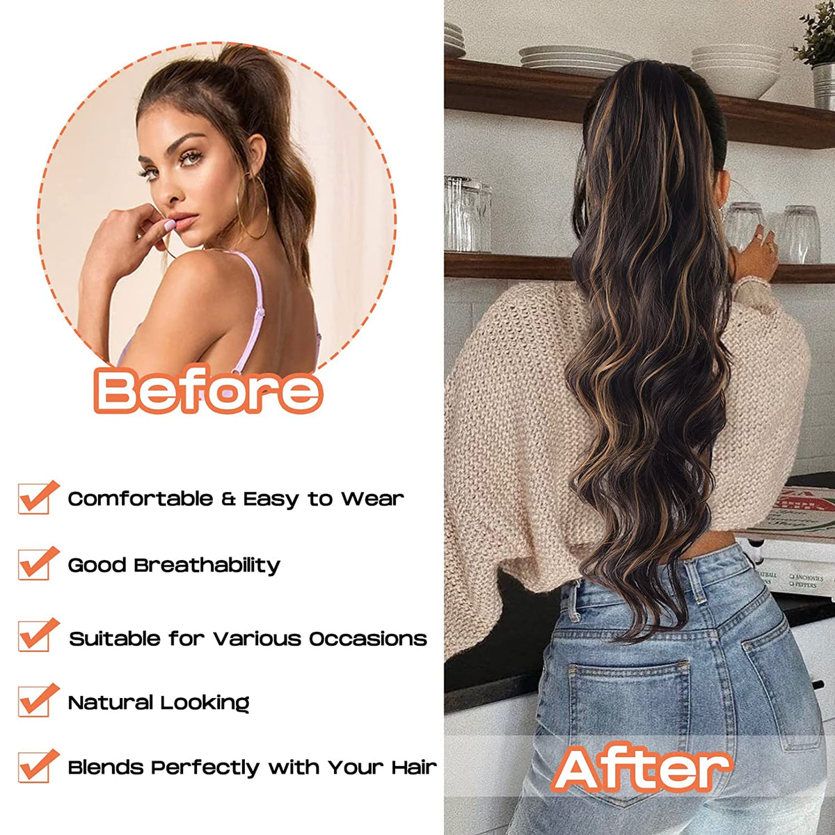 SEIKEA 24" Ponytail Extension Drawstring Long Wavy Pony Tail for Black Women